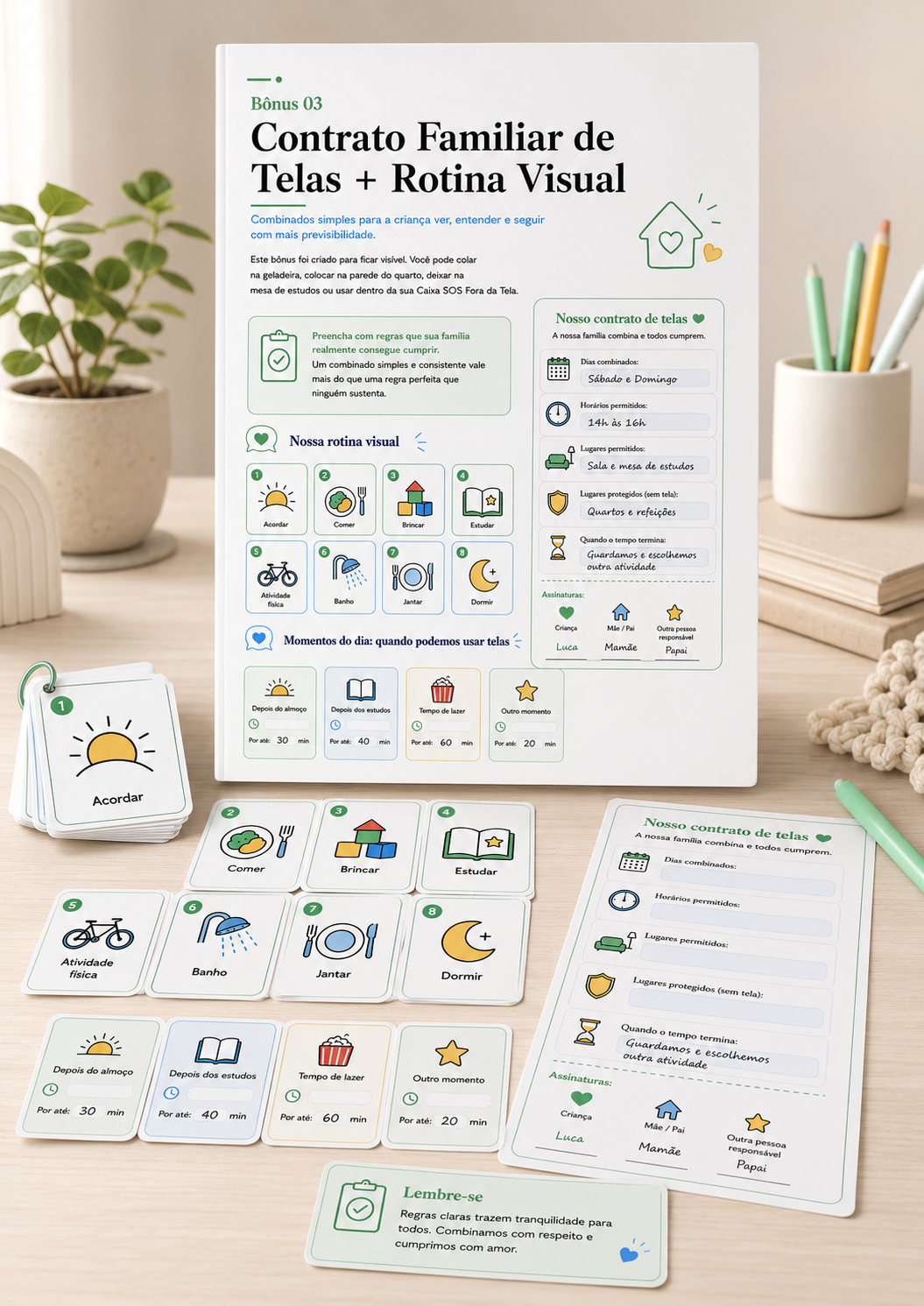 Mockup do Contrato Familiar de Telas e da Rotina Visual
