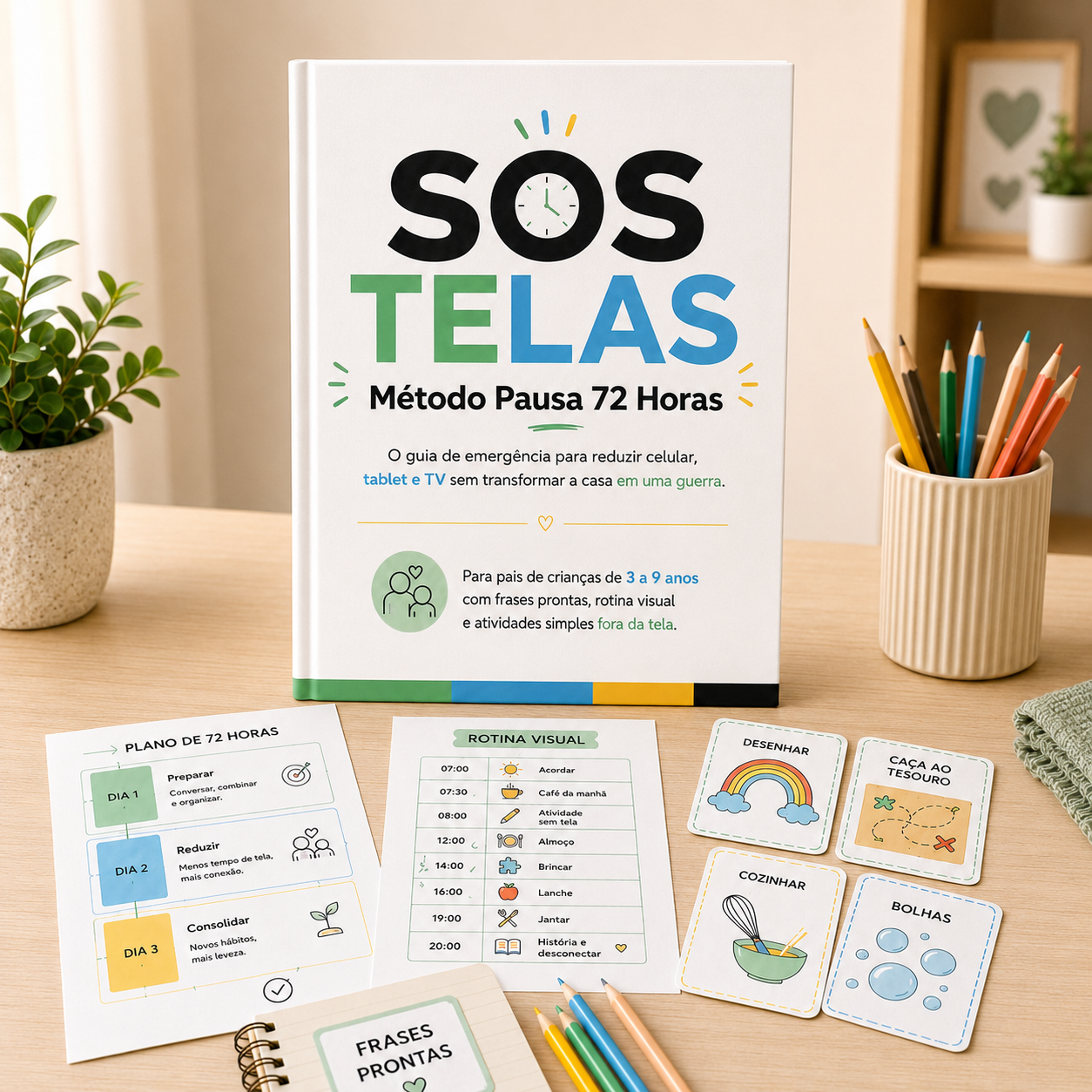 Mockup do SOS Telas com Método PAUSA 72 e materiais digitais